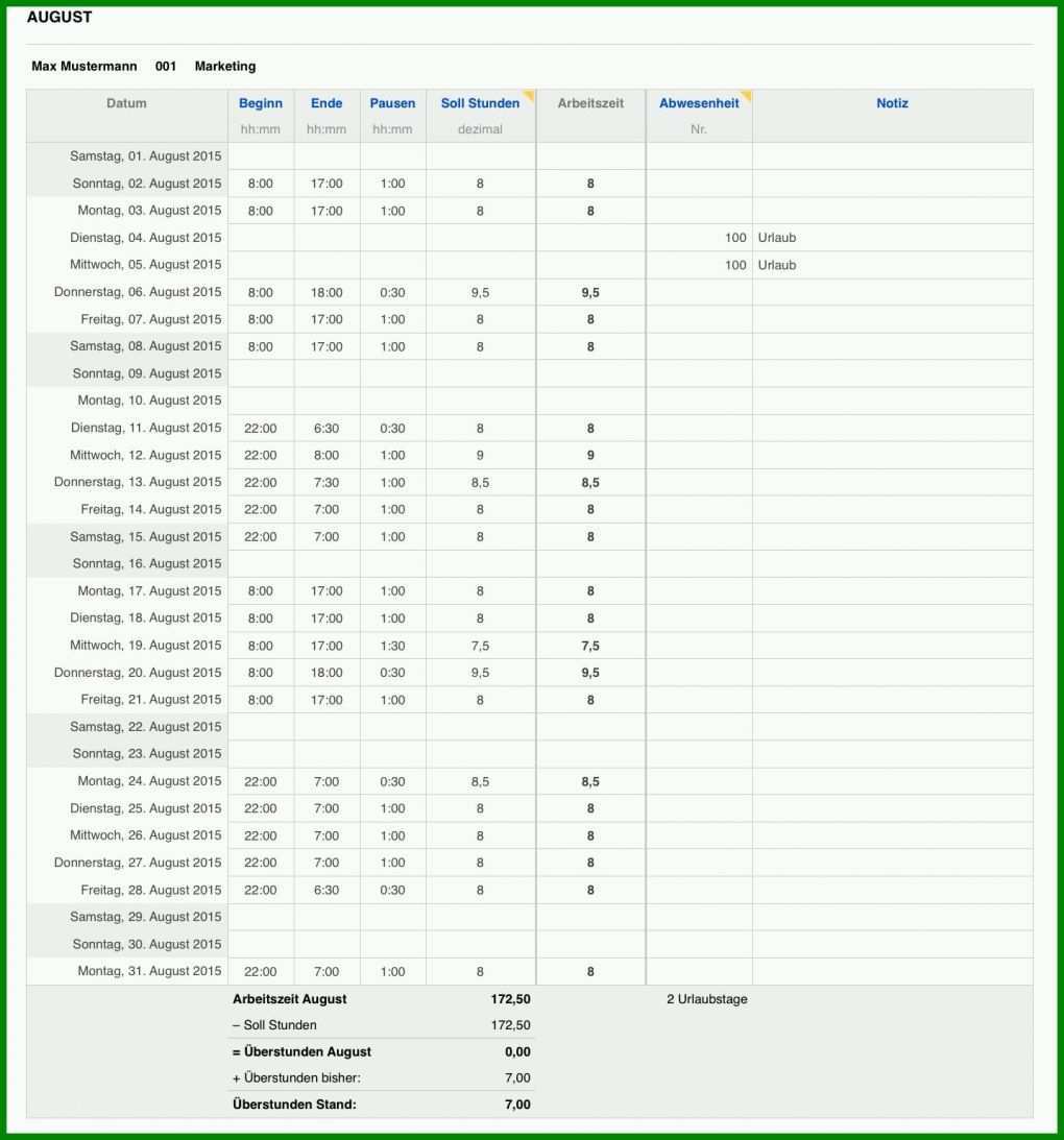 Fantastisch Arbeitszeitkonto Vorlage 1434x1536