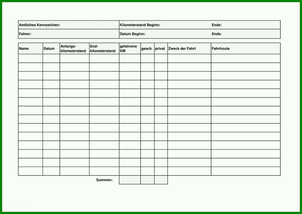 Überraschend Fahrtenbuch Vorlage 1272x900