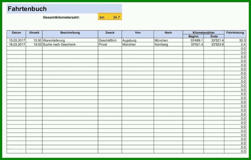 Hervorragen Fahrtenbuch Vorlage Excel 1038x661