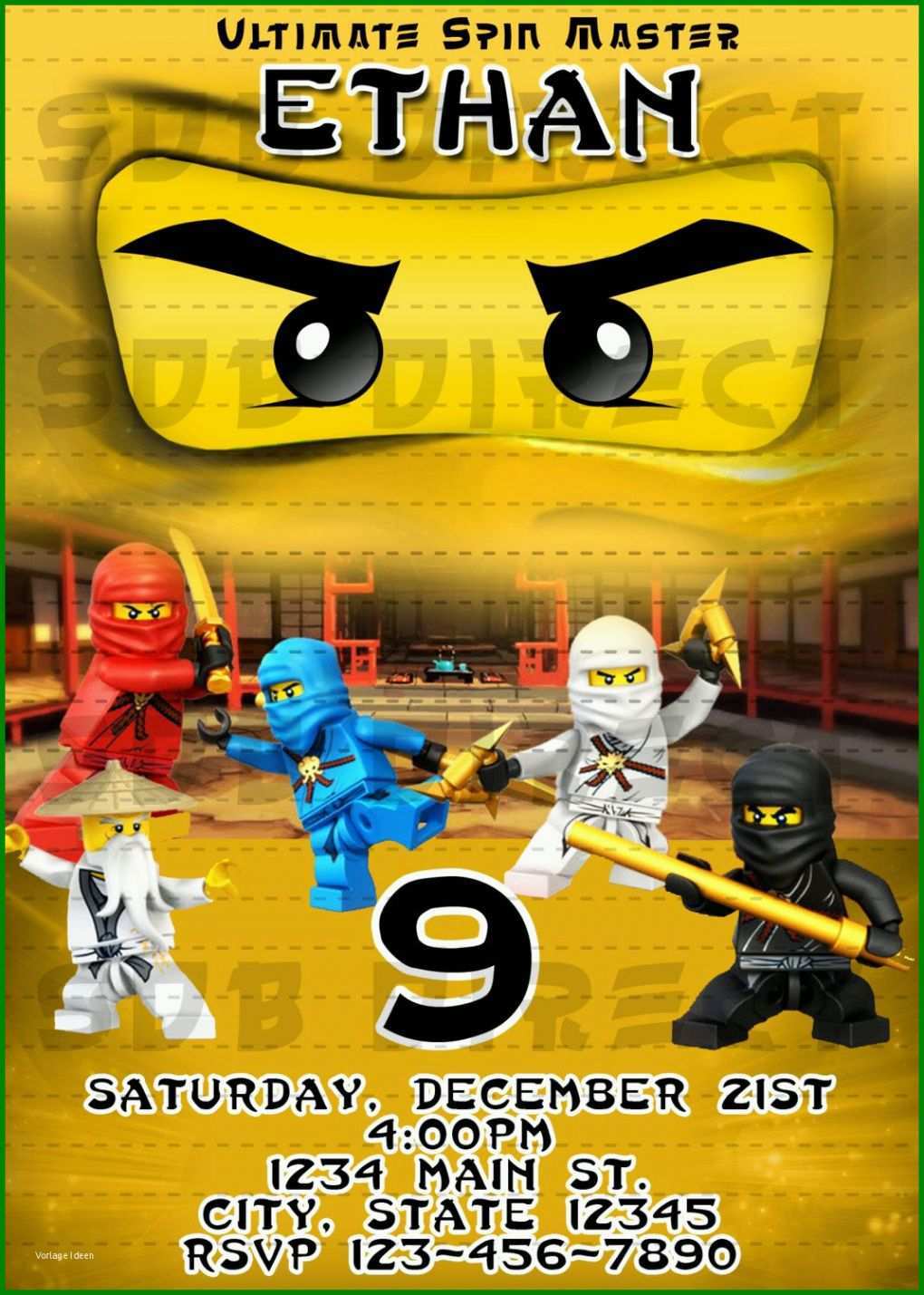 Unvergesslich Ninjago Einladungskarten Vorlage 1071x1500