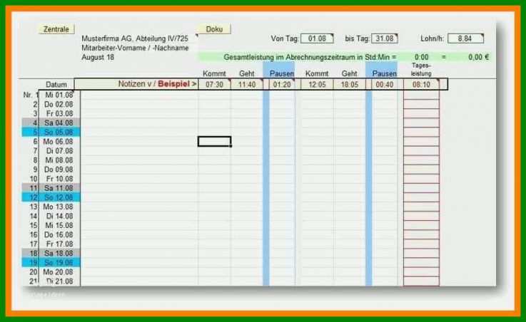 Modisch Stundenzettel Excel Vorlage Kostenlos 878x538