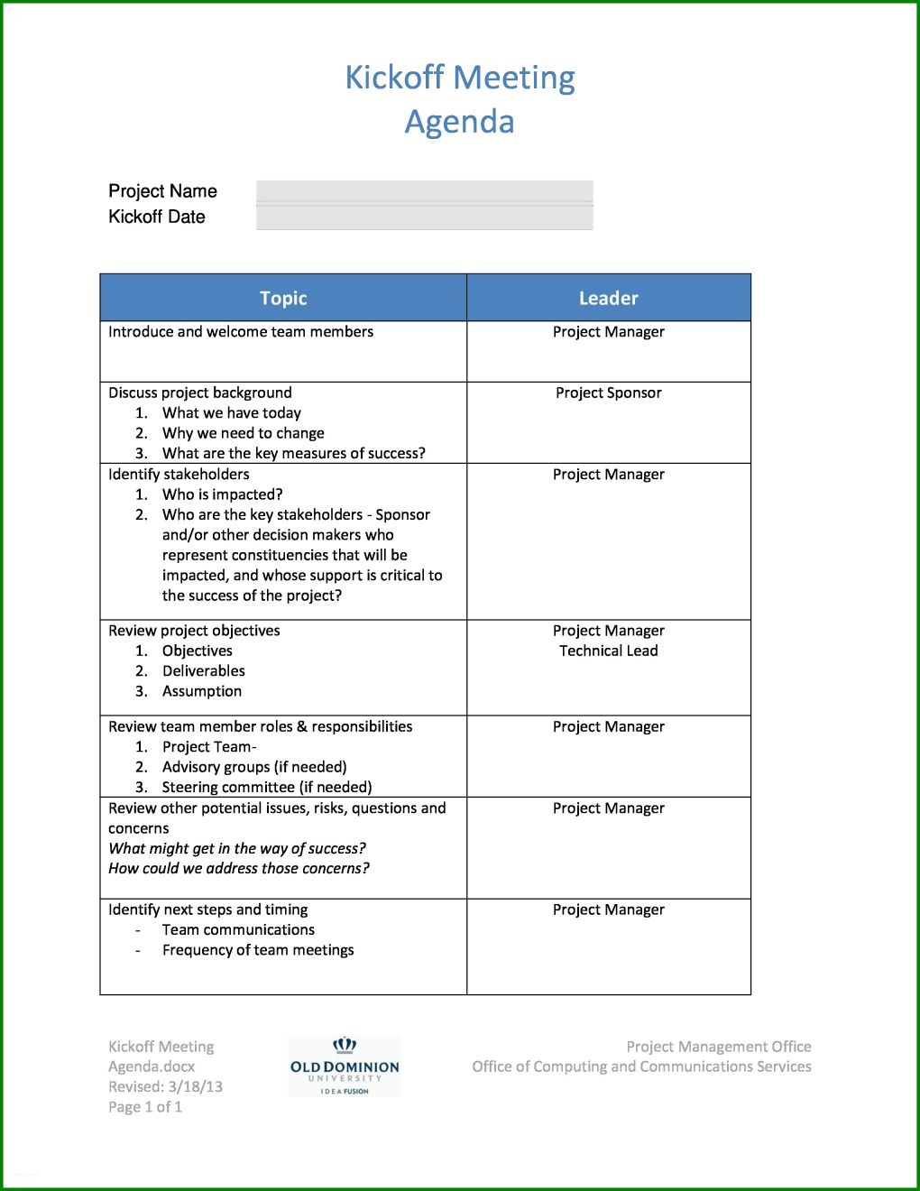 Sensationell Kick Off Meeting Agenda Vorlage 2550x3300