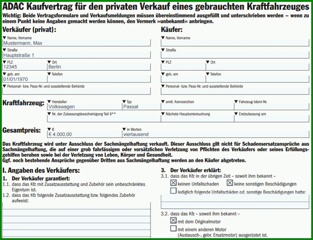 Erstaunlich Kaufvertrag Auto Vorlage 1030x789