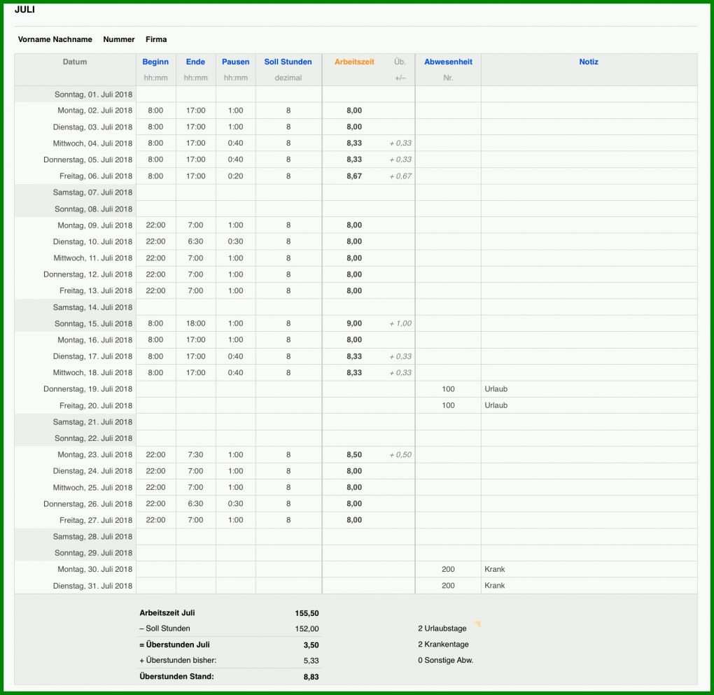 Ungewöhnlich Arbeitszeitnachweis Vorlage Kostenlos 2018 1750x1704