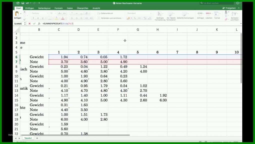 Einzahl Notenliste Excel Vorlage 1280x720