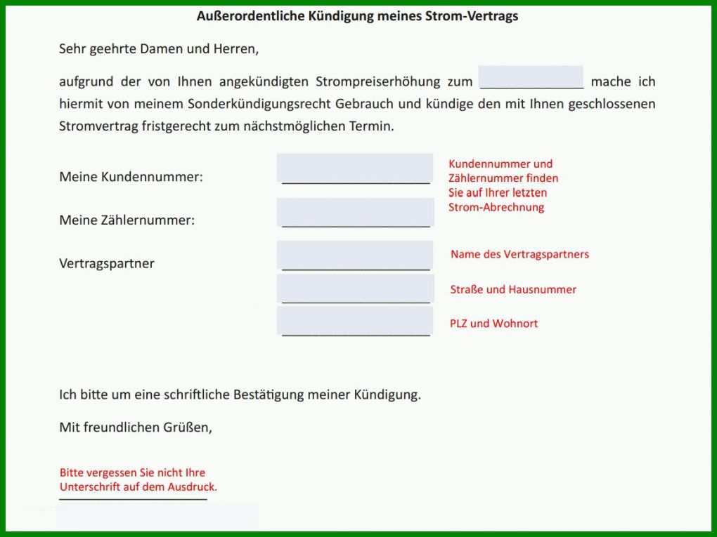 Empfohlen sonderkündigung Strom Vorlage 1157x868