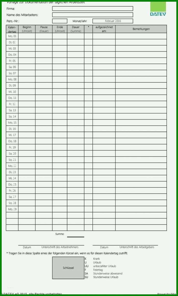 Ausgezeichnet Datev Vorlage Zur Dokumentation Der Täglichen Arbeitszeit 2019 960x1595