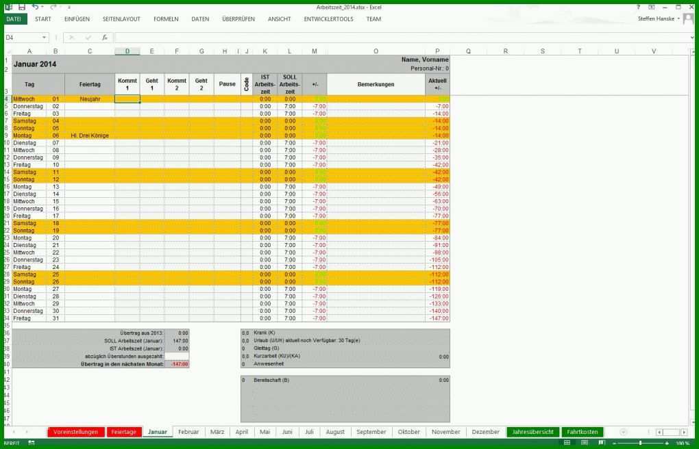 Neue Version Excel Arbeitszeiterfassung Vorlage 1528x983