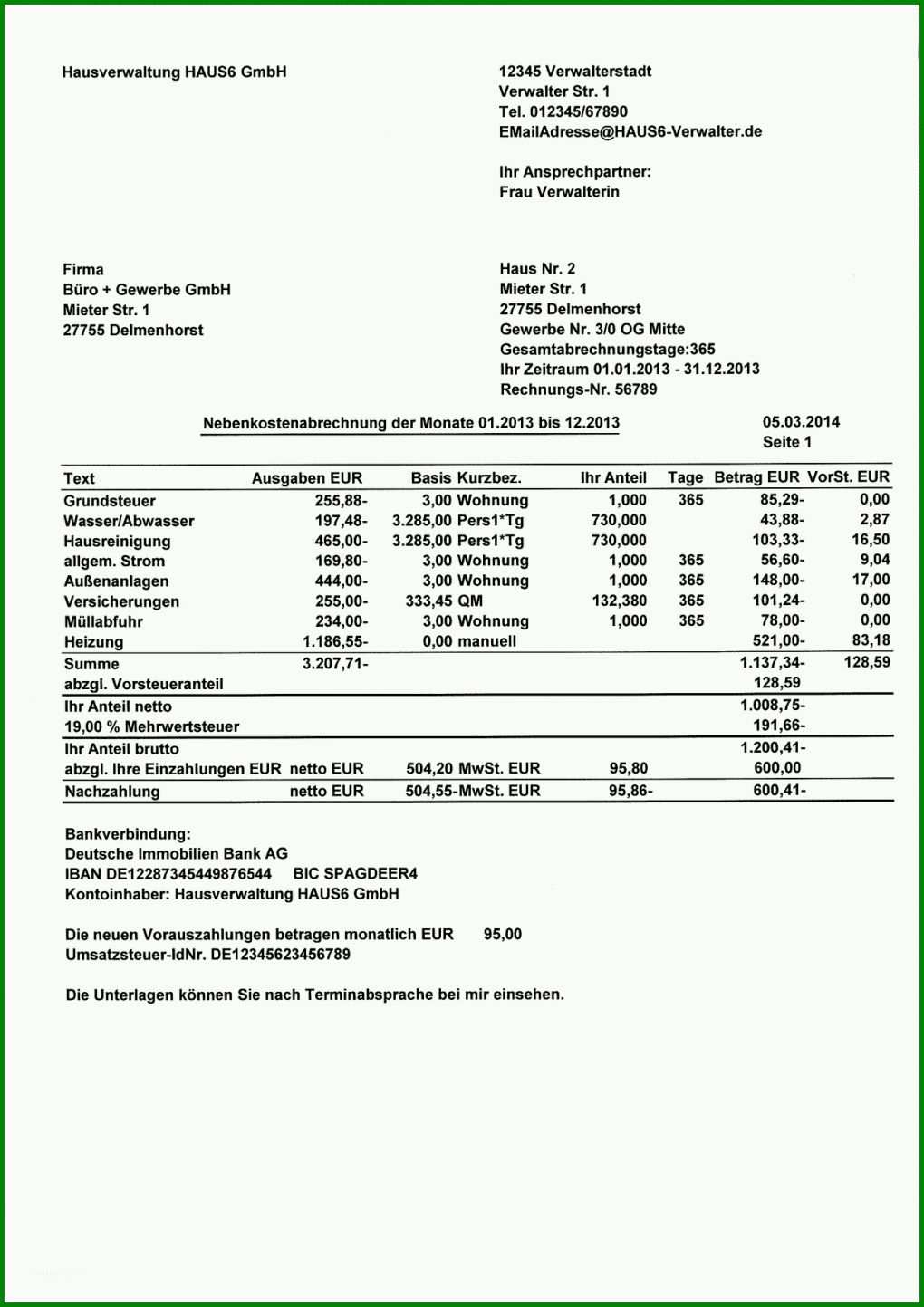 Bestbewertet Nebenkostenabrechnung Vorlage 1240x1754