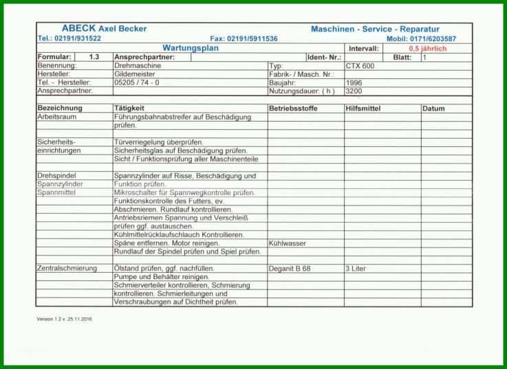Faszinieren Maschinen Wartungsplan Vorlage 1216x886