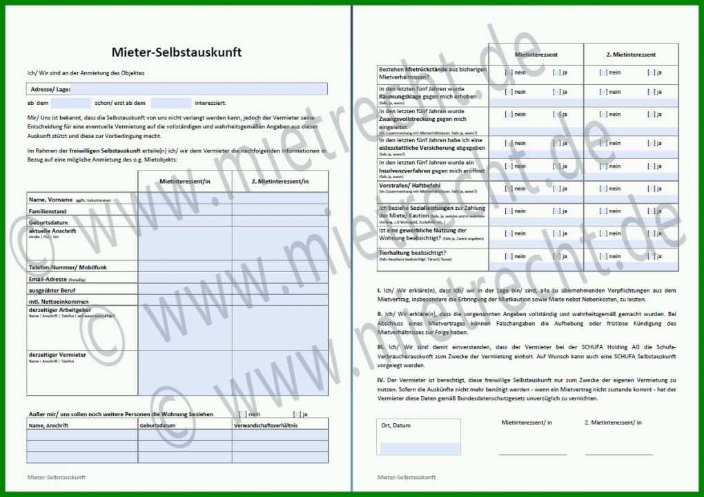 Spektakulär Mieterselbstauskunft Vorlage 1194x843