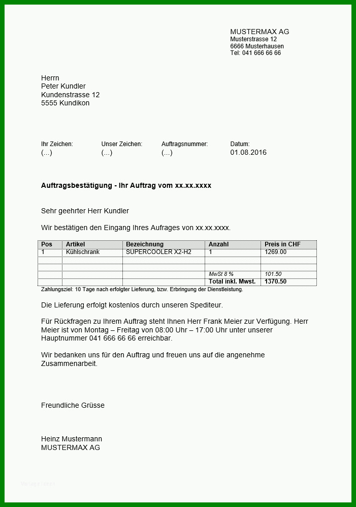 Unvergesslich Auftragsbestätigung Vorlage Pdf 701x996