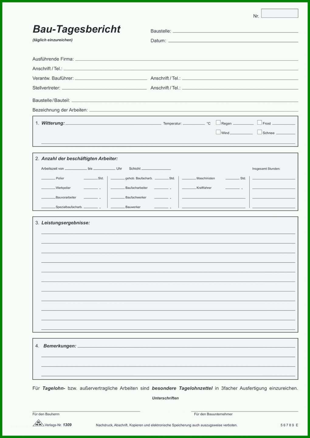 Überraschend Bau Tagesbericht Vorlage Excel 1200x1697