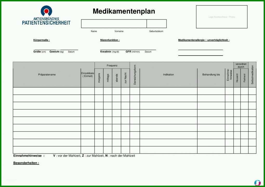 Unvergleichlich Medikamentenplan Vorlage 1754x1240