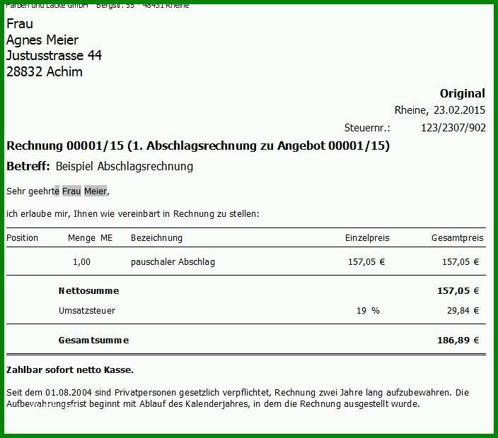 Beste Abschlagsrechnung Muster Vorlage 704x620