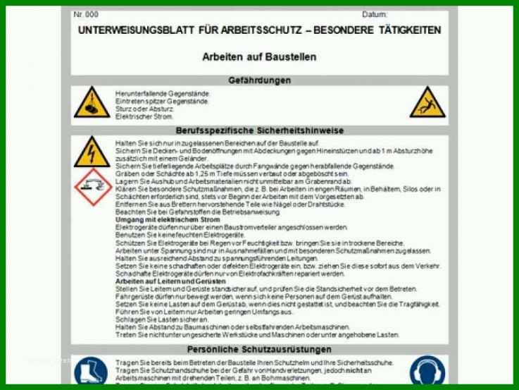 Auffällig Sicherheitsunterweisung Baustelle Vorlage 800x600