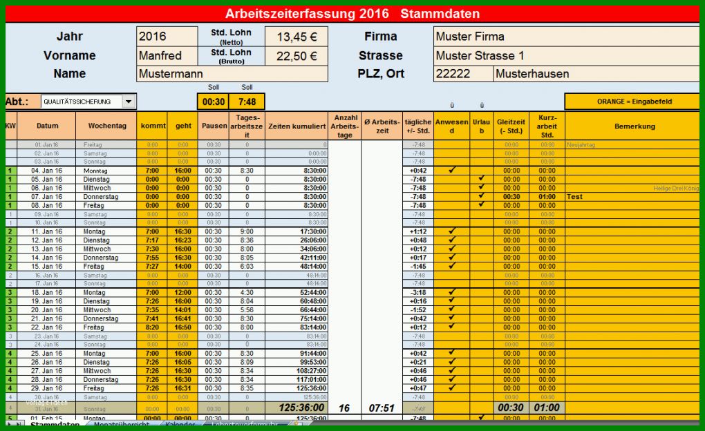 Limitierte Auflage Excel Arbeitszeiterfassung Vorlage 1132x693