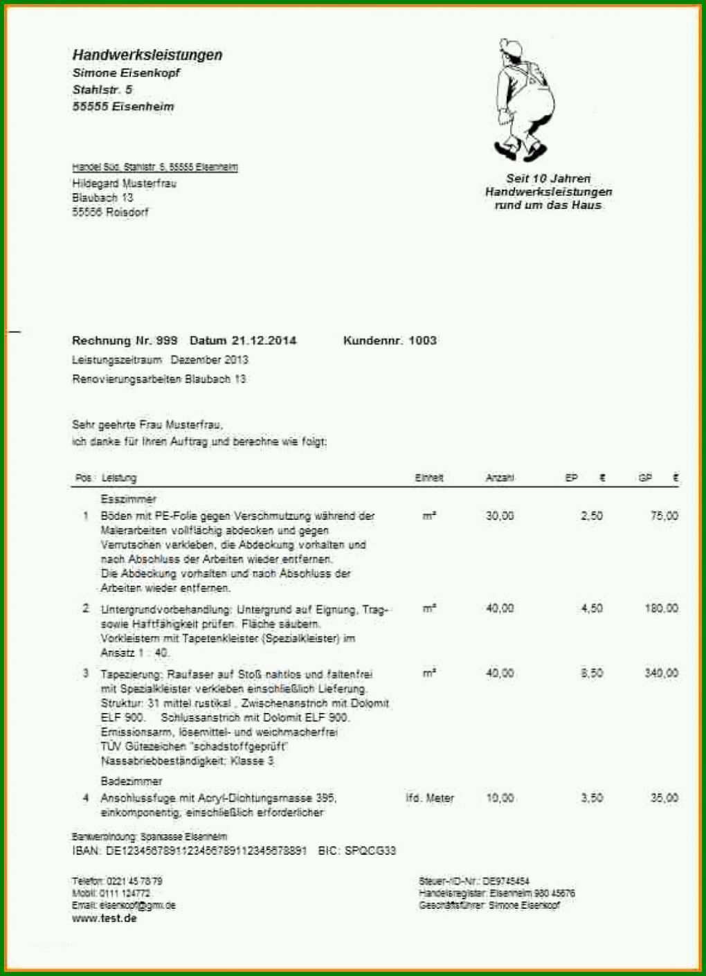 Faszinieren Handwerkerrechnung Vorlage Excel 1031x1425