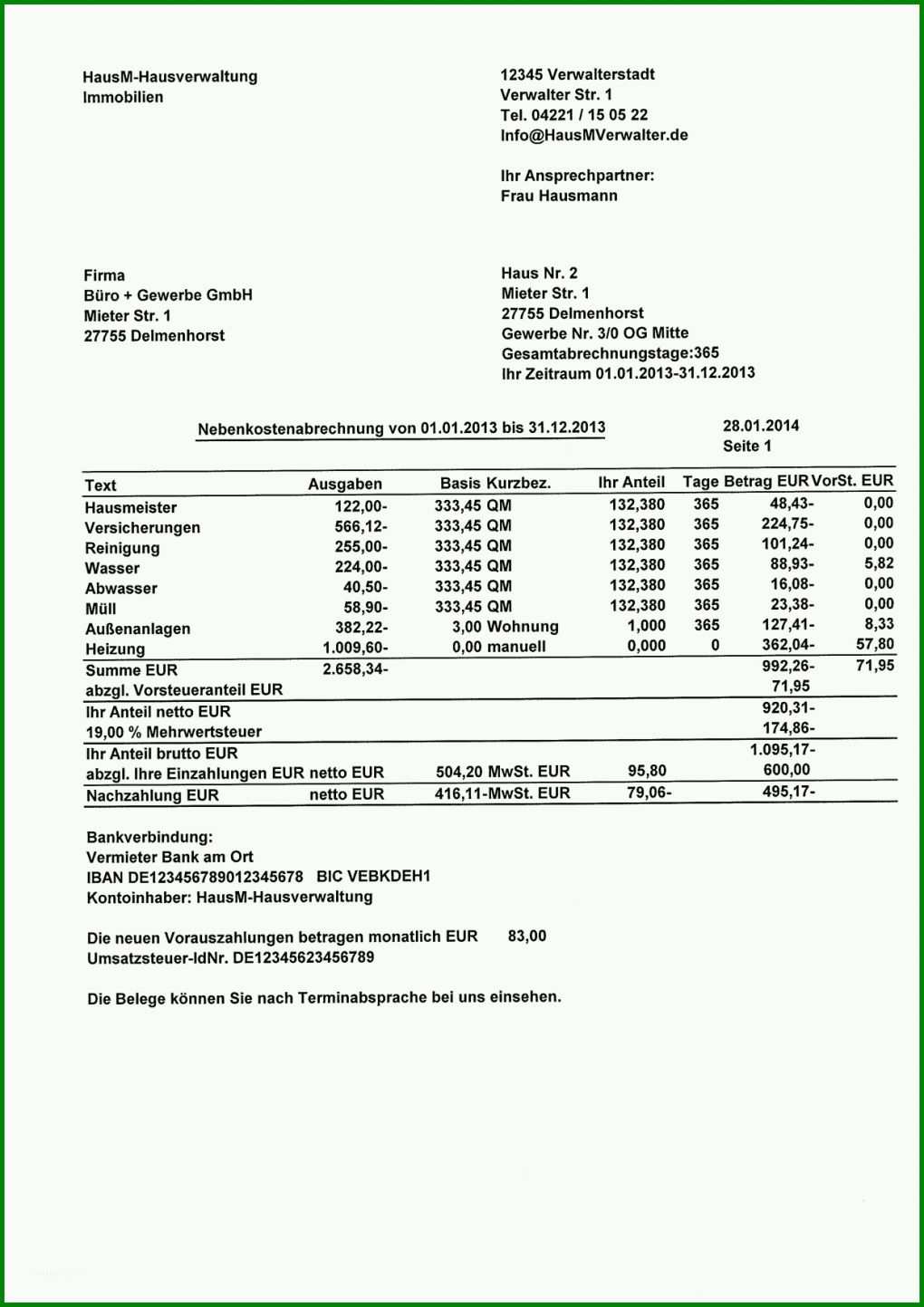 Bemerkenswert Nebenkostenabrechnung Vorlage Word 1240x1754