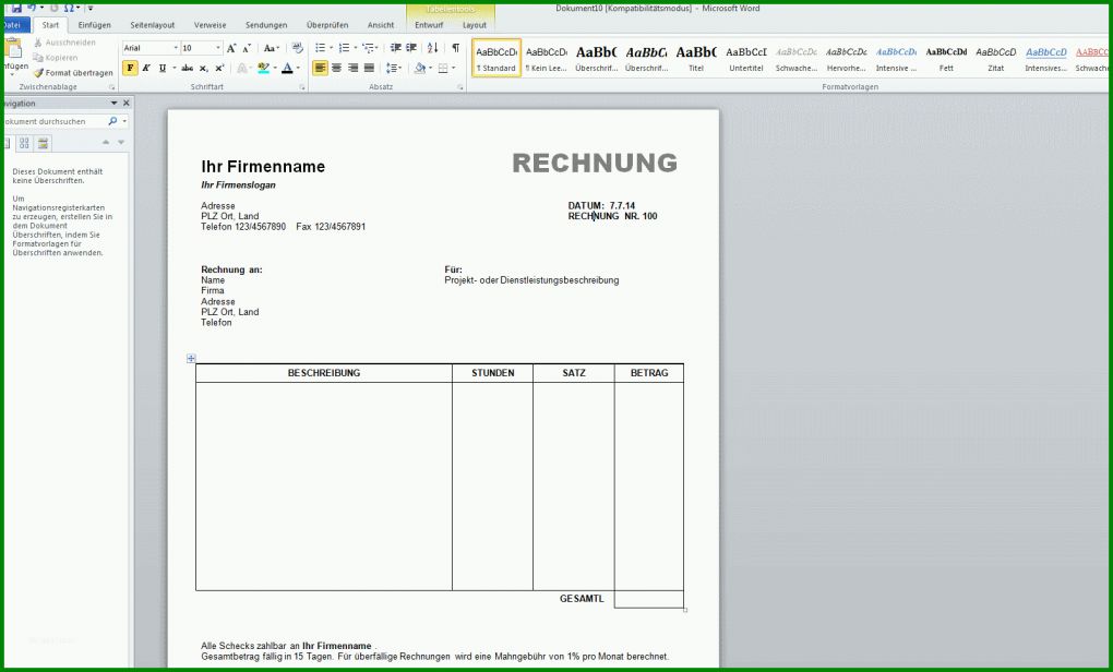 Einzahl Rechnung Word Vorlage 1604x968