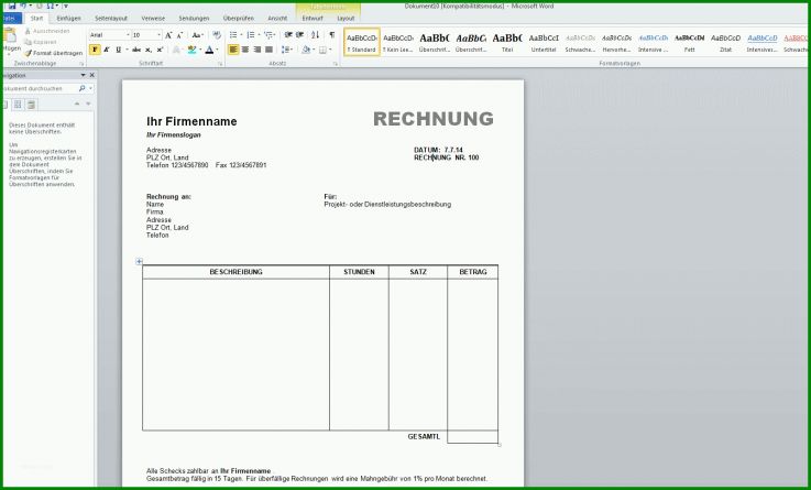 Neue Version Vorlage Rechnung Word 1604x968