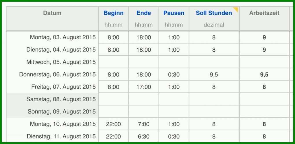 Bemerkenswert Arbeitsstunden Aufzeichnung Vorlagen 1496x732