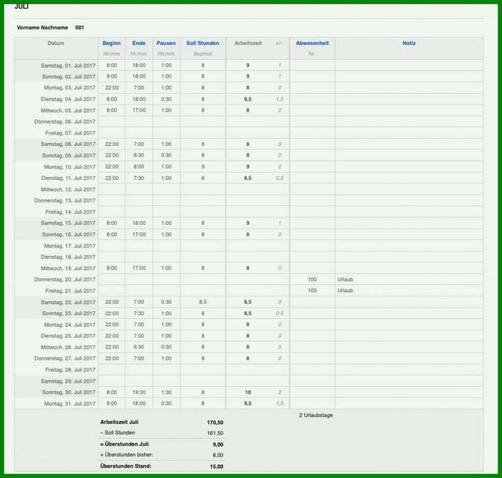 Original Datev Vorlage Zur Dokumentation Der Täglichen Arbeitszeit 2017 1096x1042