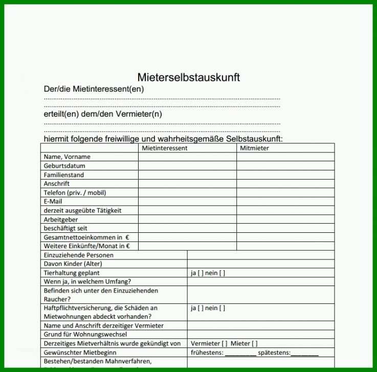 Phänomenal Mieterselbstauskunft Vorlage Word 786x775