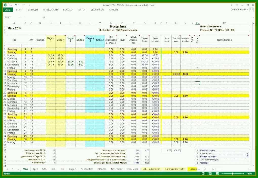 Kreativ Zeiterfassung Excel Vorlage 1343x927