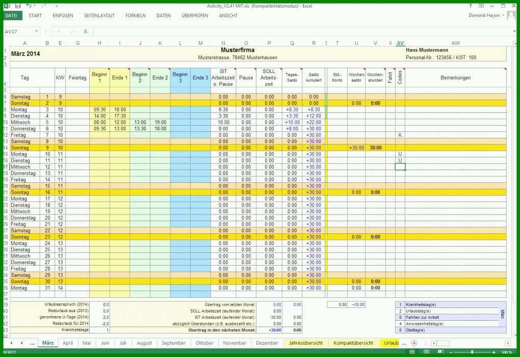 Spektakulär Excel Arbeitszeitnachweis Vorlagen 2018 1391x953