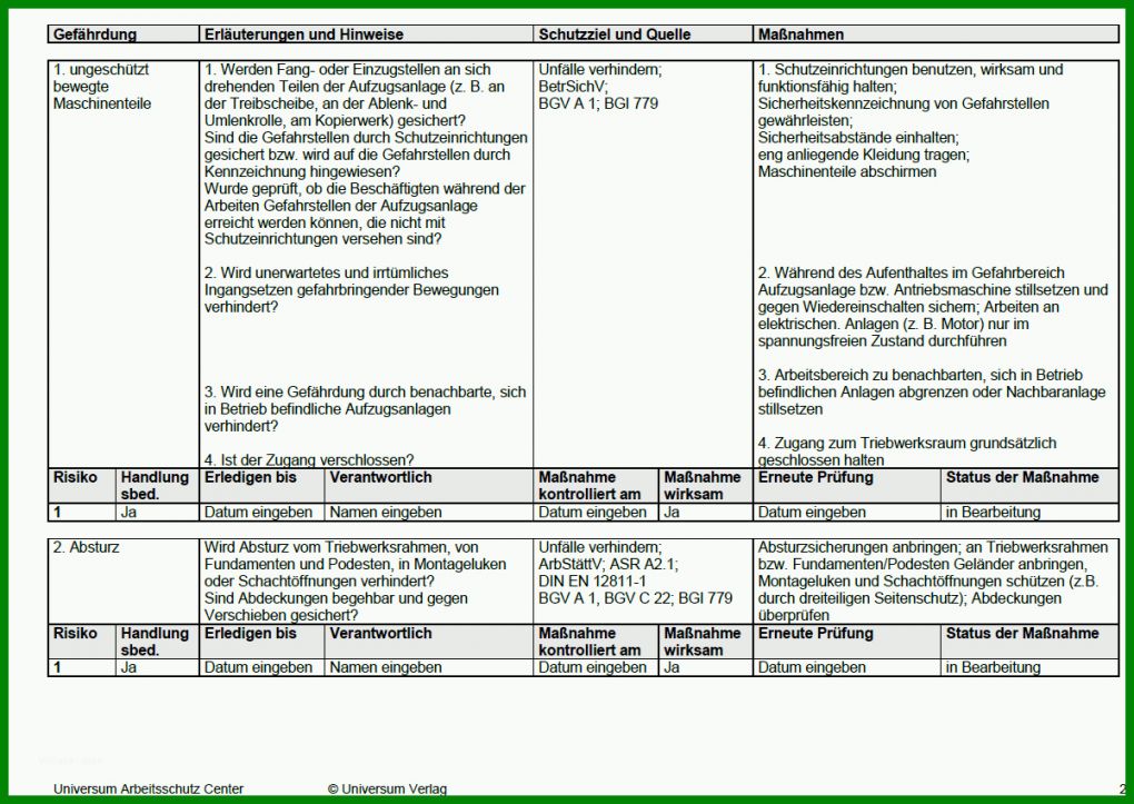 Unvergleichlich Gefährdungsbeurteilung Aufzugsanlagen Vorlage 1200x850
