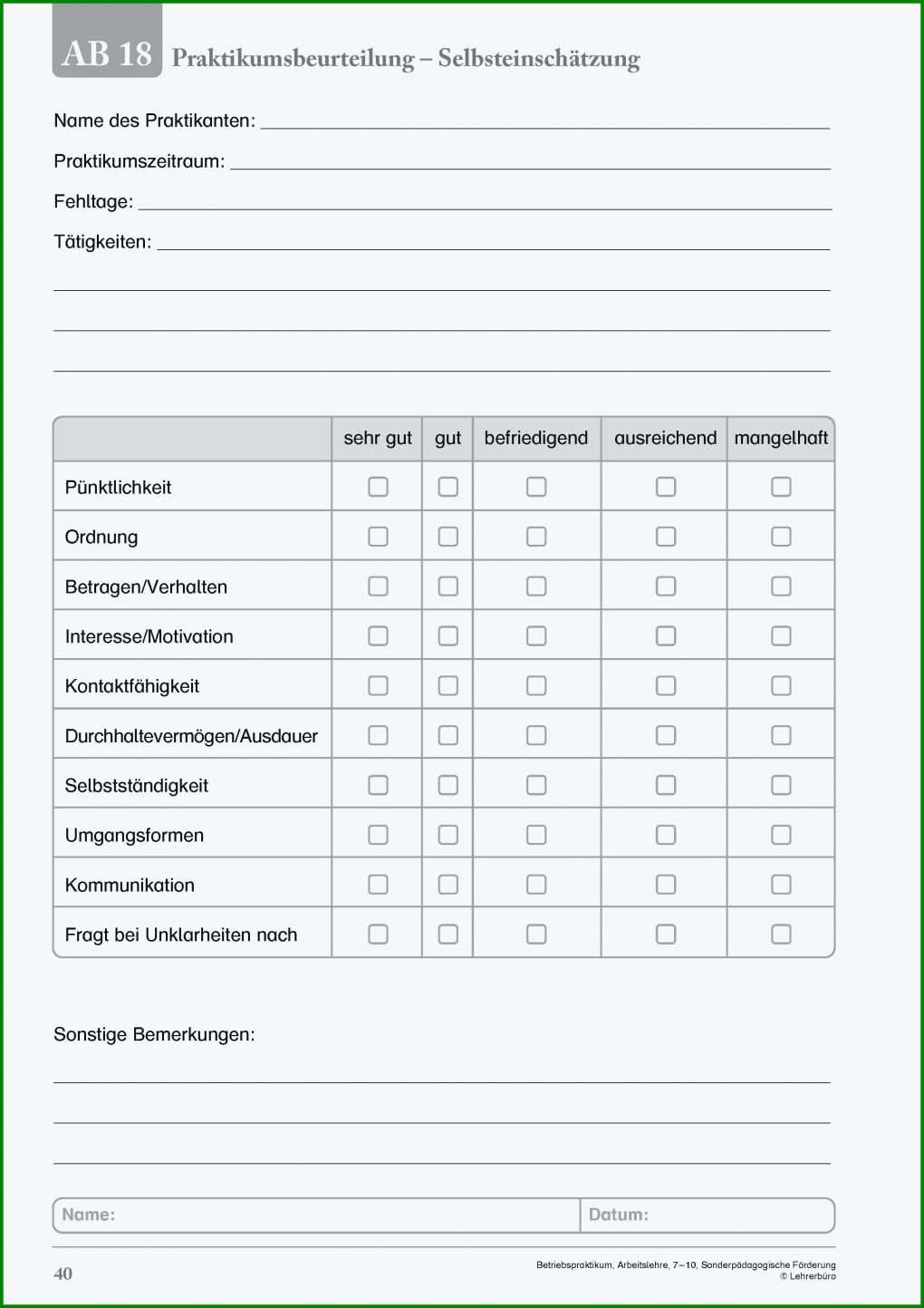 Limitierte Auflage Praktikumsbeurteilung Vorlage 2480x3508