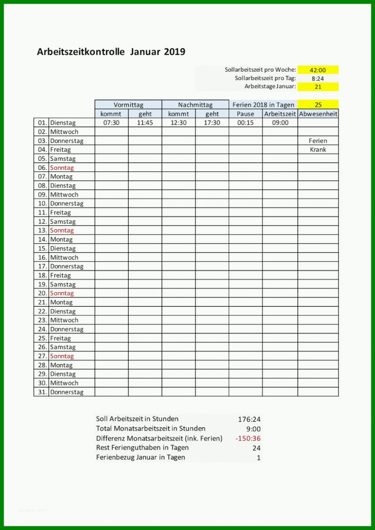 Hervorragen Zeiterfassung Excel Vorlage Kostenlos 2019 868x1227