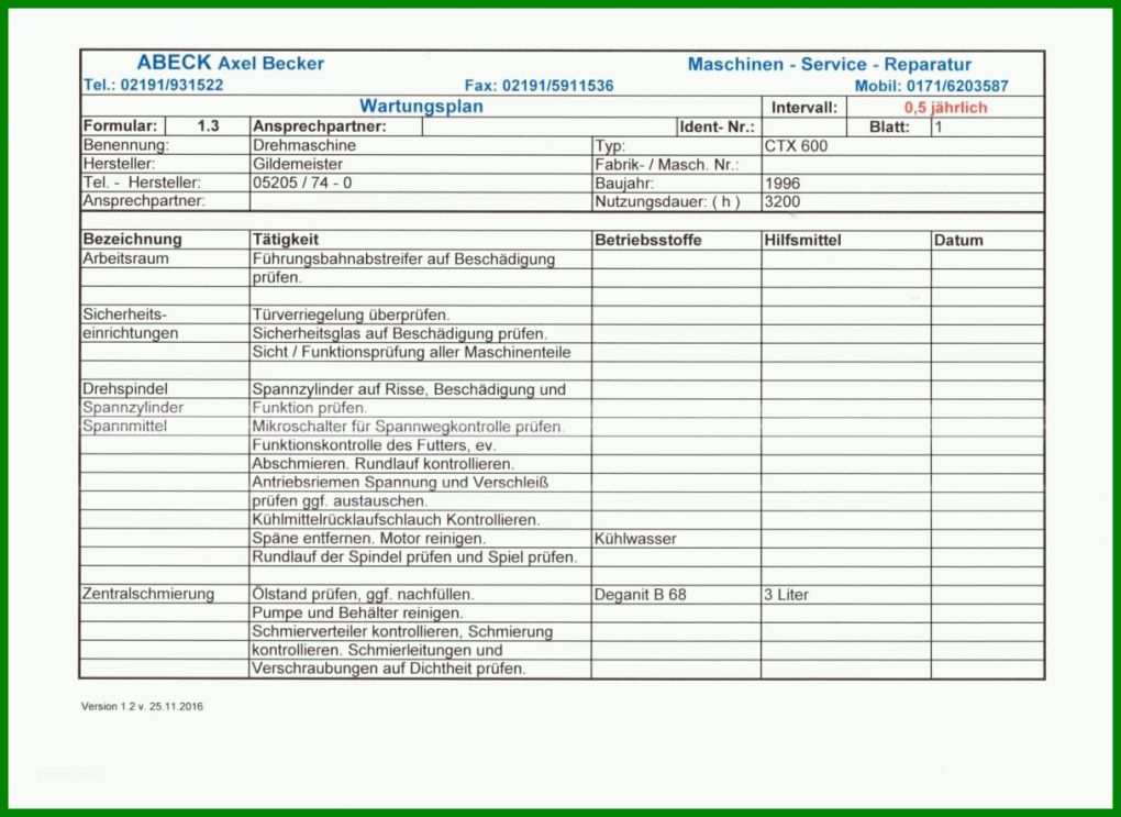 Fantastisch Vorlage Wartungsplan 1216x886