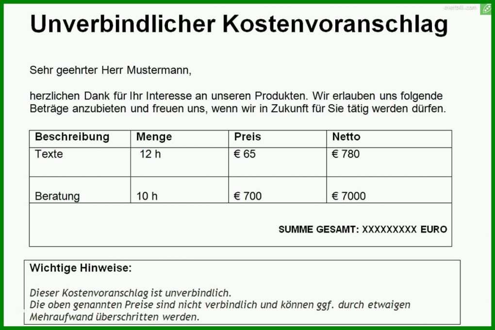 Beste Kostenvoranschlag Schreiben Vorlage 1200x800