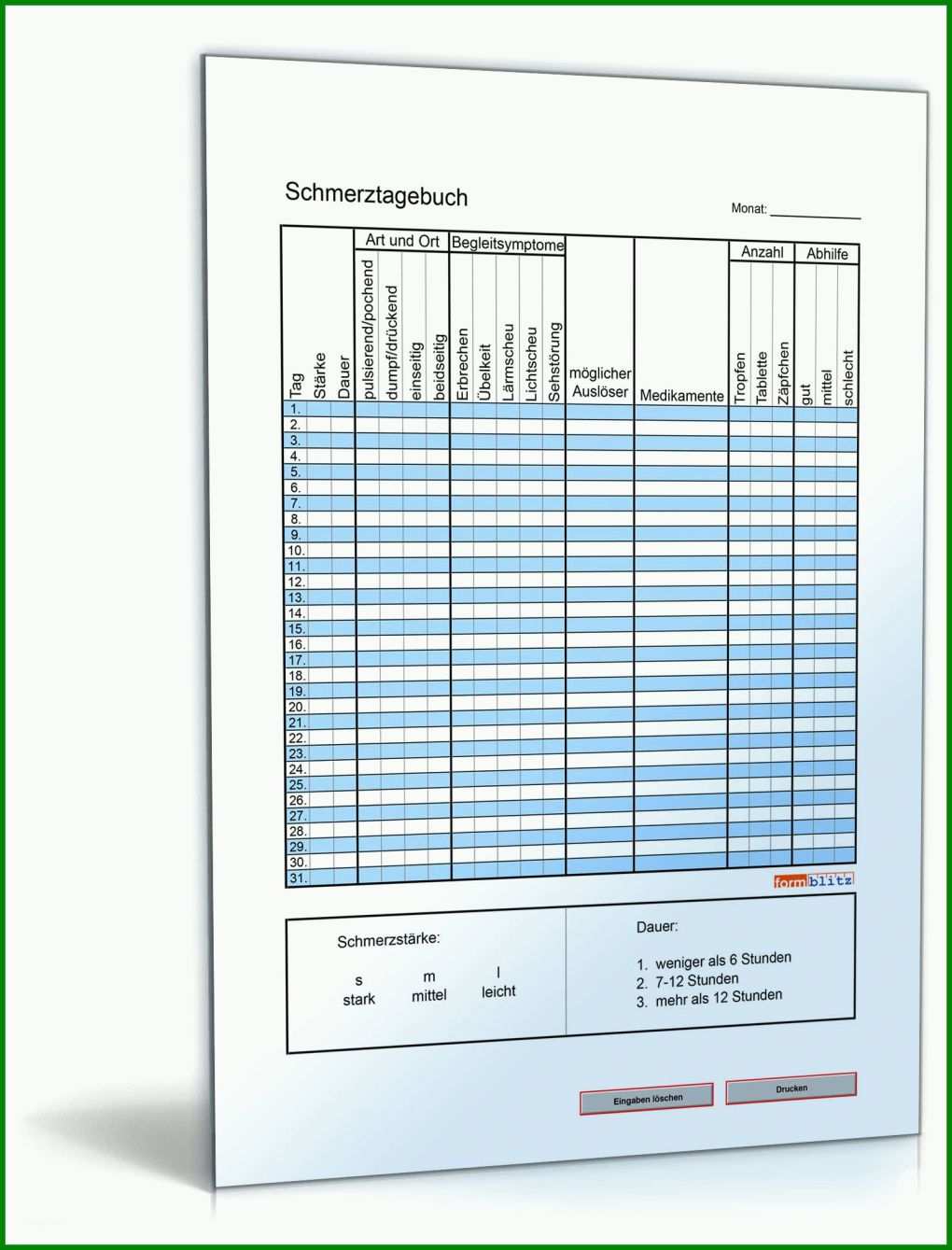 Unvergleichlich Schmerztagebuch Vorlage 1600x2100