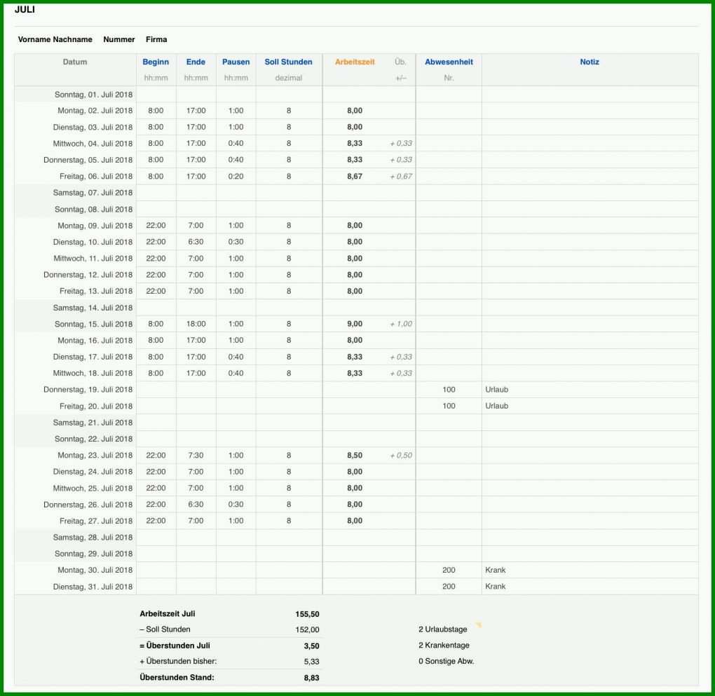 Hervorragend Stundenzettel 2018 Vorlage 1750x1704