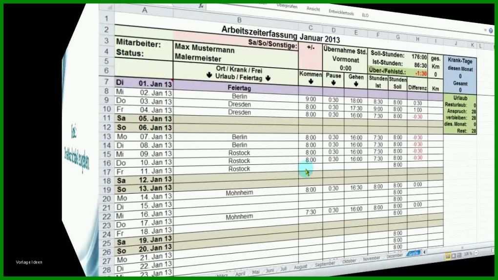 Fantastisch Excel Zeiterfassung Vorlage 1280x720