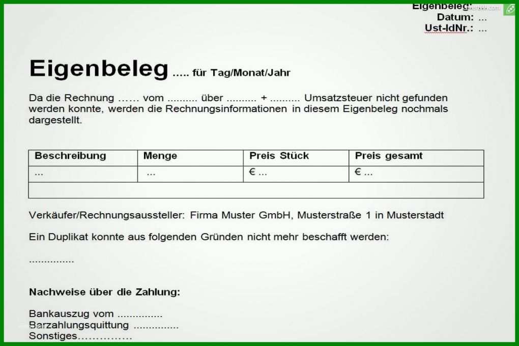 Toll Eigenbeleg Vorlage 1200x800