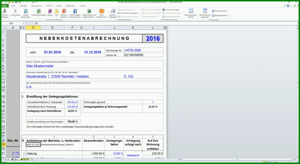 Faszinierend Excel Vorlage Betriebskostenabrechnung 1280x700