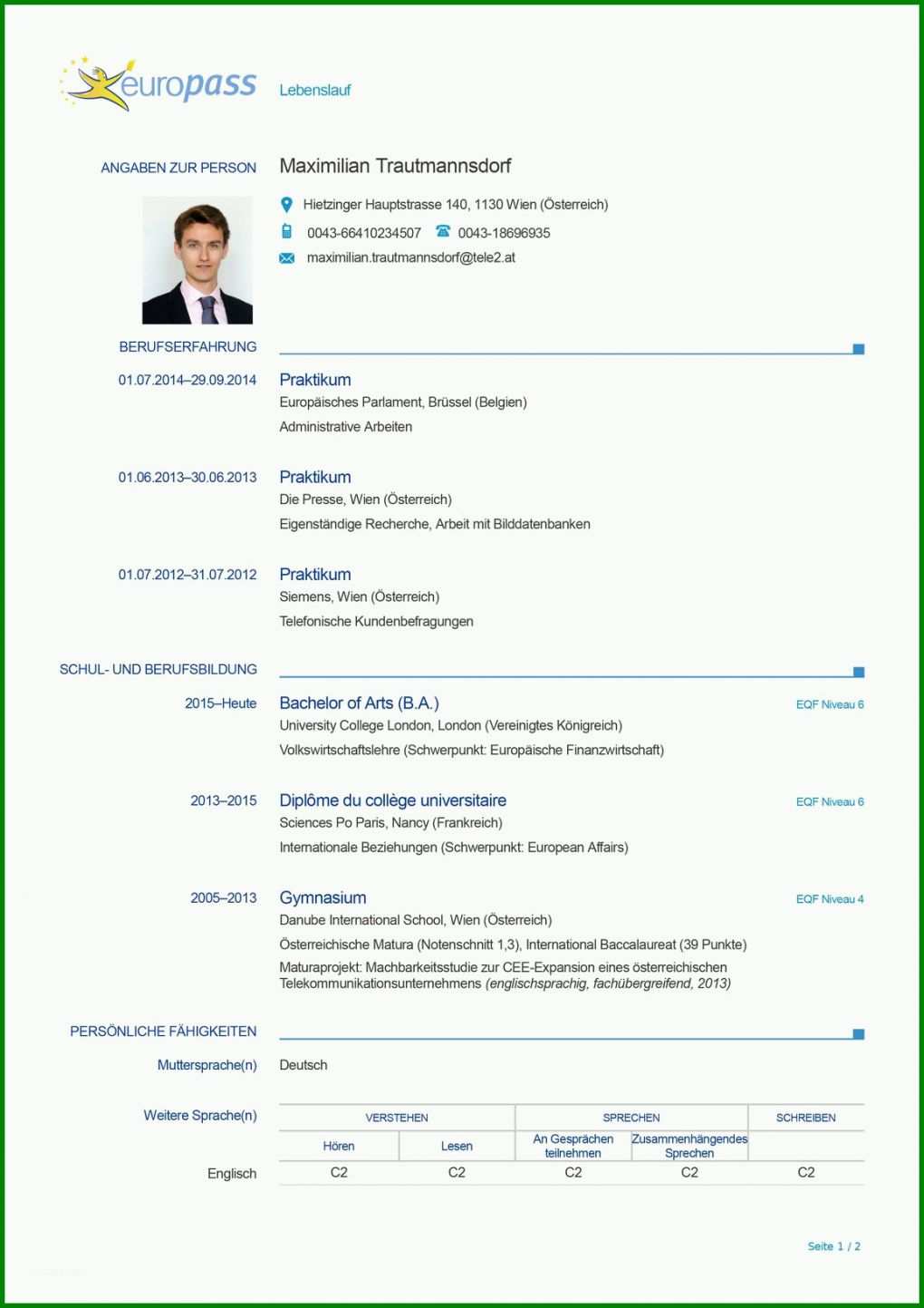 Erschwinglich Lebenslauf Vorlage Europass 1152x1630