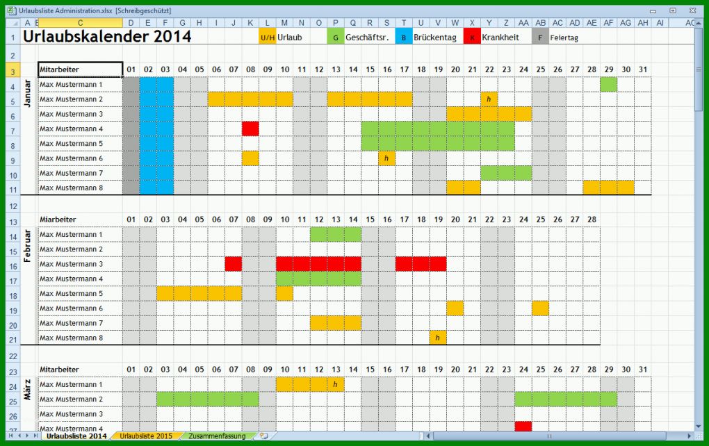 Singular Urlaubsliste Excel Vorlage 1247x785