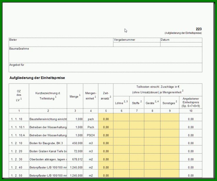 Wunderbar formblatt 223 Excel Vorlage Kostenlos 1020x850