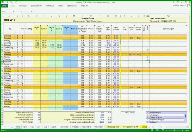 Erstaunlich Excel Arbeitszeit Vorlage 1391x953