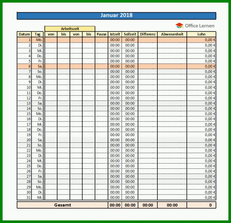 Hervorragen Excel Arbeitszeitnachweis Vorlagen 2018 800x772